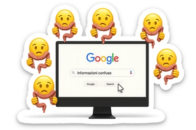 SCHERMO DI PC CON LA SCRITTA "informazioni confuse" SULLA BARRA DI RICERCA GOOGLE SULLO SCHERMO E IL CLICK DEL MOUSE SULLA SCRITTA CERCA, stile emoji iphone fluttuano in aria stringendo in mano un pezzo di colon intestinale, iperrealistico 4k sticker