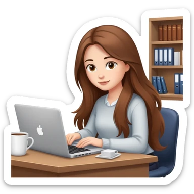 Girl with long brown hair doing bookkeeping at a laptop with a cozy mug beside her officecore elegant sticker
