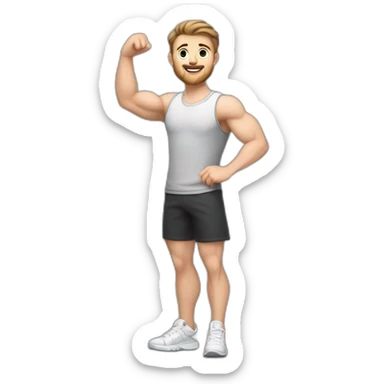 Full height Actively gesturing with hands Pale skinned Fit Man With the biceps and brown hair in dark gray Sleeveless Mike, black oversize sports shorts, watch and white Sneakers sticker