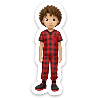 a teenage boy with tan skin, curly hair, brown eyes wearing a black shirt, plaid red pajama pants, black socks, and black crocs  sticker