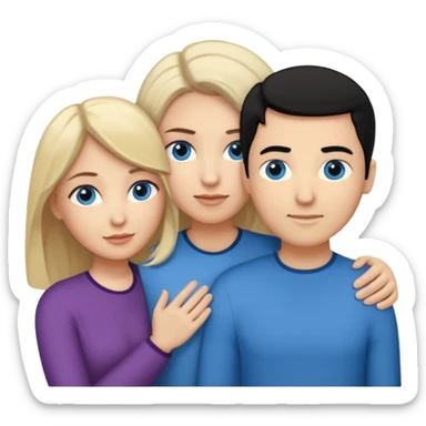 3 people. Throuple. Blank woman with blond hair and blue eye color on left. And also a blank man with black hair and grey eye color in the middle. And a blank woman with brown hair and grey eye color on the right. Holding each other  sticker