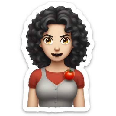angry pale girl dark curly hair throwing a tomato  sticker