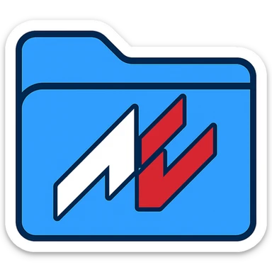 Place the AC logo with white and red stylized arrows centered on the cover of the blue folder icon. Leave some room around the borders. The logo should be flat, modern, clearly visible, and recognizable with a fully transparent background. Prioritize clarity and recognizability. sticker