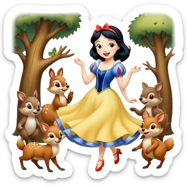Cinematic Playful Snow White Portrait Emoji, Laughing while dancing with woodland animals, dress twirling gracefully, a whimsical sparkle in her eye, radiating charm and pure delight! sticker