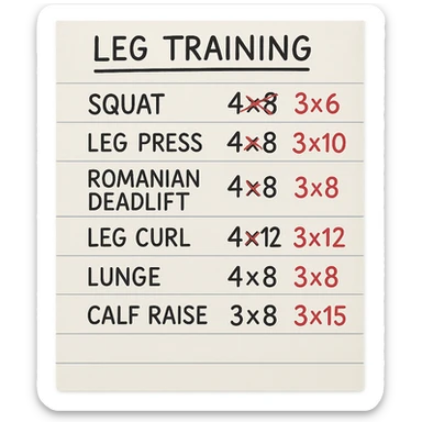 foglio di carta con scheda di allenamento gambe con volume di allenamento ridotto (fai alcuni esercizi con 4x8 scritti in precedenza sbarrati in rosso e la correzione accanto tipo 3x6), scrivila al meglio che puoi sticker