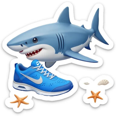 A shark with blue nike shoes on the beach sticker