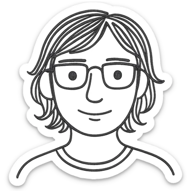 a dark-haired guy with hair to his earlobes, square glasses, brown eyes sticker