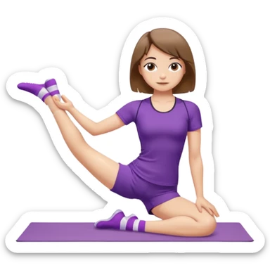 Девушка с короткими волосами до плеч русого цвета, с черными бровями, карие глаза, у неё фиолетовый спортивный костюм с топиком и шортами и белые носки, она занимается йогой в позе бибаласана sticker