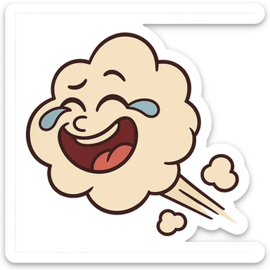 a stylized fart puff with a face laughing so hard it has tears, fun and lighthearted sticker