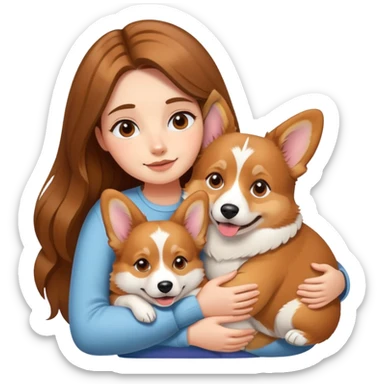Girl with long brown hair hugs a corgi dog sticker
