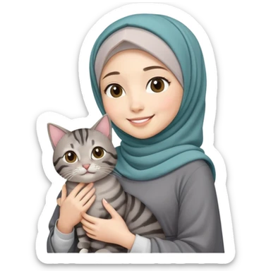 Asian white girl wearing hijab with dress holding a black grey tabby cat while smiling sticker