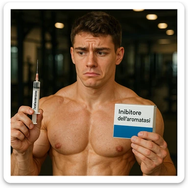 young athlete with swollen muscles but marked skin holding a syringe labeled 'Testosterone' and a box labeled 'Inibitore dell'aromatasi', all text in Italian, doubtful look, gym background, 4K quality sticker