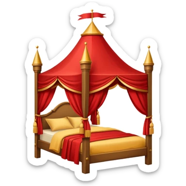 bed with red and gold sheets, wooden, canopy, simple, castle like sticker