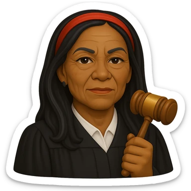 Make the Black woman lawyer look older, with gentle wrinkles and a mature, assertive look. Keep the long black hair, red headband, and strong, sharp personality. Render in emoji style with transparent background. sticker