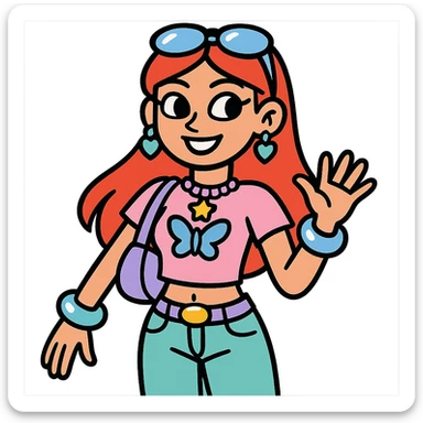 Y2K style girl with red hair, shiny accessories, pastel colors sticker