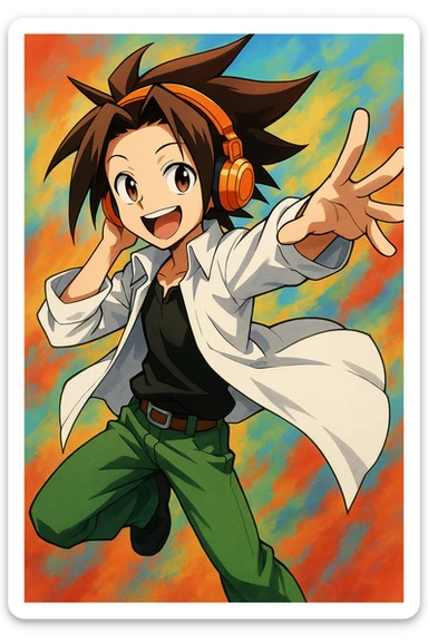 Yoh Asakura, cheerful, spiky brown hair, orange headphones, wearing a white overshirt and green pants, anime style sticker