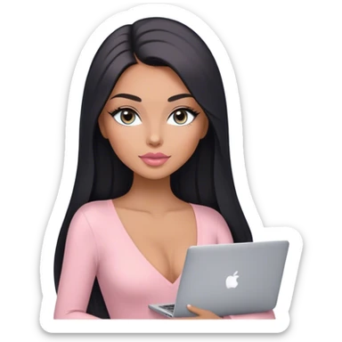Glamours, tanned, very beautiful girl, with big pump peach-beige-rose lips, long lashes, black straight smooth silky long hair, straight parting hair, blue-grey eyes, in light-pink v-neck bodysuit holding MacBook sticker
