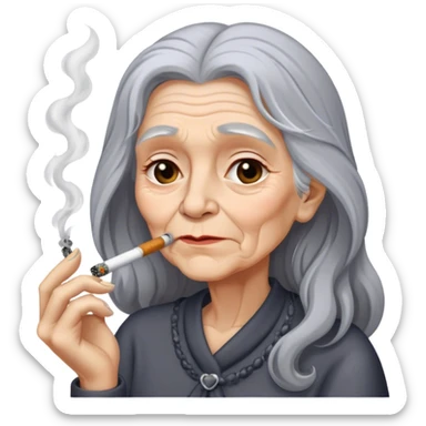 Old woman with very long gray hair smoking sticker