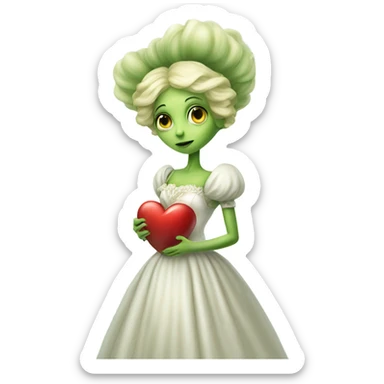 "galora green blonde alien woman" in white Victorian dress elegant, full body holdig big hearth sticker