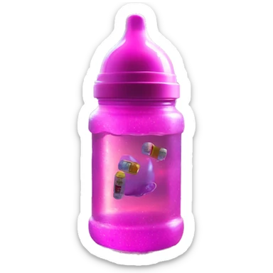 A pink baby bottle with purple sparkly liquid with ice, labeled "GOOGOO ZAZA" floating and pills left by trash in apartment with floor to ceiling windows in sci-fi city streets, dark, neon, ultra realistic, glossy, after rain, sunshine, vhs sticker