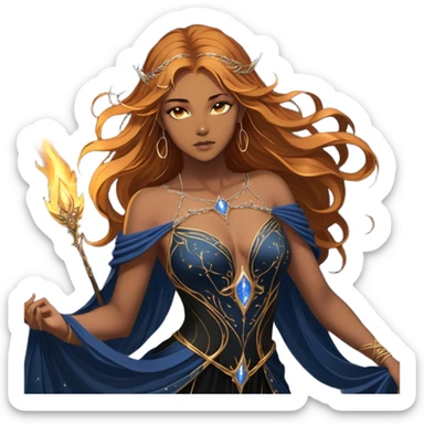 A fierce yet ethereal female High Fae with golden-brown hair cascading down her back, streaked with hints of sunlit gold. Her sharp, striking blue-gray eyes hold an unyielding fire. She wears a flowing black gown with constellations embroidered in silver thread, draping elegantly over her graceful frame. Her delicate hands bear golden tattoos, symbols of ancient magic binding her fate sticker