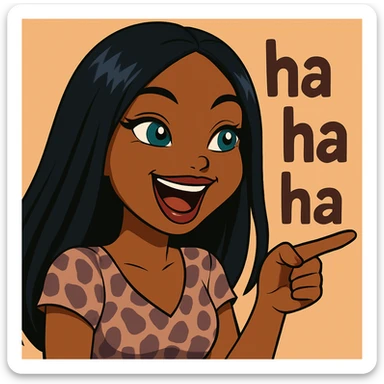 Keep her pointing and laughing with 'ha ha ha' in the background, headshot only, 20-year-old anime Bratz style woman with dark skin, straight hair, more trendy outfit, big expressive eyes, glossy lips, no hat, no tears, happy expression, looking straight ahead. The style should reflect anime Bratz aesthetics with vibrant colors and expressive features. sticker