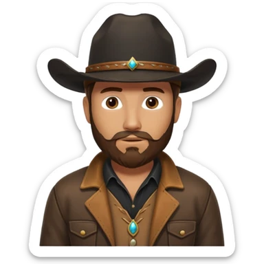 yellowstone ranch cowboy with brown beard, black cowboy hat with no rope and no jewel, black shirt, and leather tan jacket sticker
