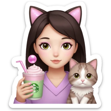 asian girl with short dark brown hair and dark brown eyes with a soft girl pink glowup aesthetic, matcha latte, 2 light brownragdoll cats, and sparkles, makeup, and money sticker