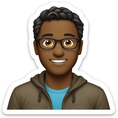Create an emoji of a brown boy, with straight hair on one side, wearing round glasses, smiling sticker