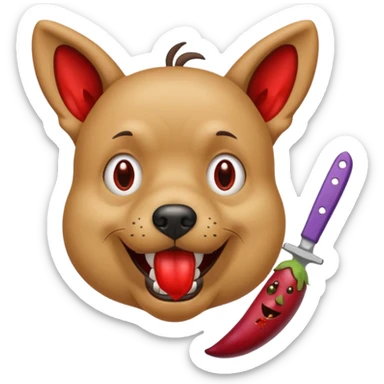 dog with crazed eyes holding bloody knife and eggplant in mouth sticker