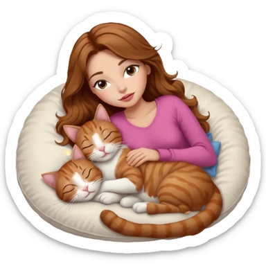 girl with long wavy brown hair, brown eyes, long lashes makeup, sexy pink lips, light to medium complexion,  sleeping on a cozy pillow, with 6 cats: 1 brown tabby cat, 1 ginger and white cat, 2 grey and white cats, 1 grey with white mittens and small white patch on chest cat and 1 calico cat sticker