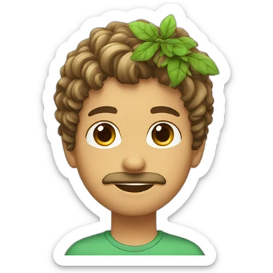 boy with wavy hair and a stubble with a plant sticker