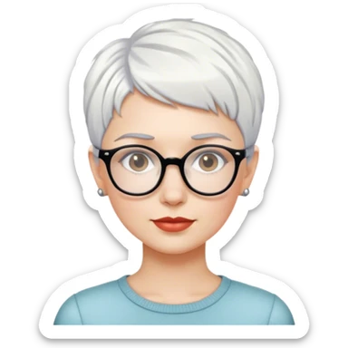 White woman with short pixie white hair glasses sticker