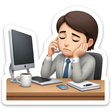 sleepy office worker hunched at desk with dark under-eye circles, laptop, coffee mug sticker