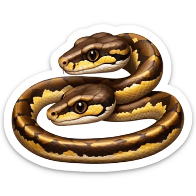 A photo-realistic top-down view of a Ball Python gently coiled into a tight spiral, with its head resting peacefully at the center. Its scales are warm brown with bold, irregular black markings, including the distinctive “alien-head” pattern, flowing smoothly along its body.  sticker