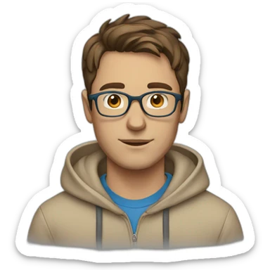 Man with blue eyes, brown hair and glasses wearing a beige hoodie sticker