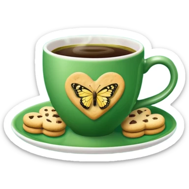 A green coffee cup, steaming in a heart shape, has a yellow butterfly print on it. The cup sits on a green saucer surrounded by cookies. sticker