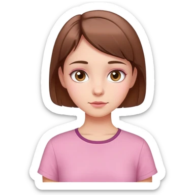 A girl with doe shaped eyes and hazel color and brown short hair with pink shirt  sticker