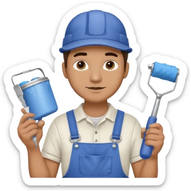 professional male house painter wearing cap and overalls holding a paint roller and paint can sticker