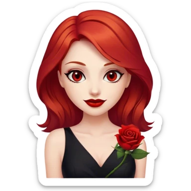 a woman with red hair and red eyes. The woman wear a black little cutted dress. She have red lipstick and she have a seductive look and smile. She have a rose flower in her hair sticker
