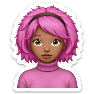 black fluffy haired girl with pink turtleneck sweater and pink hair band sticker