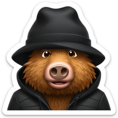 fullface wild very tired brown boar with stubble in a black jacket and a black winter hat sticker