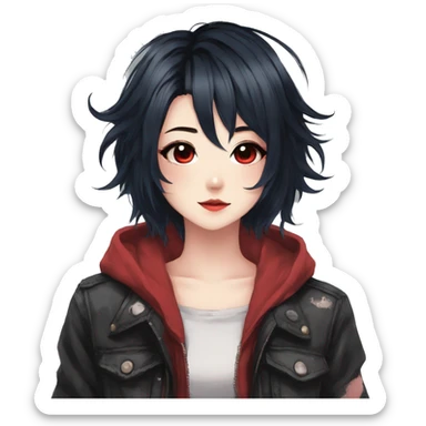 Gorgeous anime style shojo character with blushing face aesthetic and pretty edgy black red punk hair with hair garment trending style sticker