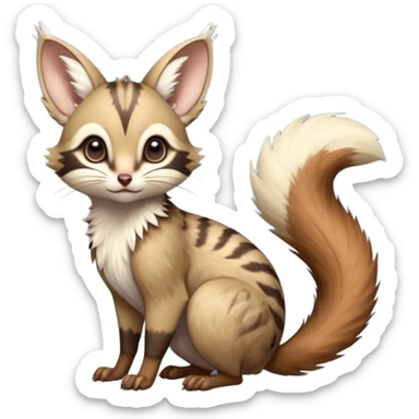 Brown-pointed, soft natural realistic romantic vintage antique divine beautiful elegant pretty precious cute young youthful  Fakémon-Pokémon-alien-opossum-squirrel-feline-serval-caracal-chinchilla-Minccino-Cinccino-Meowstic-rodent-hybrid-creature with a big fluffy bushy tail (full body) sticker