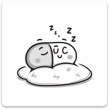 Cute sleeping pill with closed eyes and zzz sleep symbols, colorful sedative medicine capsule on a pillow, hand drawn sleep aid icon with gentle relaxing colors, sleep medicine concept sticker