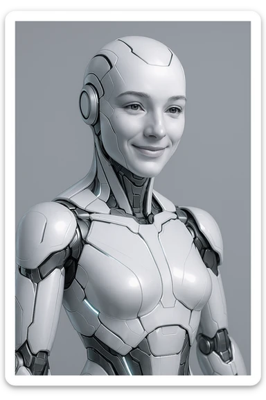 futuristic white-painted metal robot in human form, embodying artificial intelligence, gentle smile, smooth contours sticker