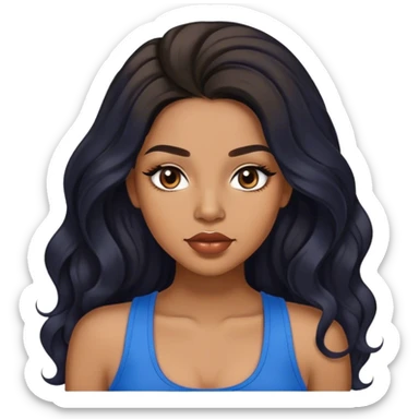 light brown skin tone, very beautiful woman, with big plump lips, long long lashes, black long wavy hair, middle hair parting, brown eyes, blue tank top sticker