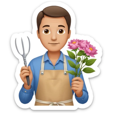 Middle-aged male florist – apron on, trimming stems with scissors sticker