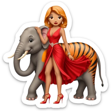 Tigre femmina a due zampe elefante con tacchi e vestiti da sera elegante rosso sticker