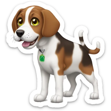 green eyed dark brown tabby cat playing with a tricolor beagle dog sticker